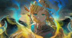 Rule 34 | 1boy, blonde hair, blue eyes, champion&#039;s tunic (zelda), commentary request, floating hair, floating island, highres, link, looking at viewer, male focus, medium hair, nintendo, ocean, open mouth, outdoors, pointy ears, signature, sky, the legend of zelda, the legend of zelda: tears of the kingdom, tsujieiri, upper body, wind