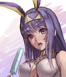 Rule 34 | 1girl, animal ears, bare shoulders, blonde hair, blush, breasts, covered erect nipples, dark-skinned female, dark skin, egyptian clothes, eyelashes, facial mark, fate/grand order, fate (series), food, gradient background, hairband, highres, holding, holding food, jewelry, long hair, looking at viewer, medium breasts, multicolored hair, neck ring, nitocris (fate), open mouth, popsicle, purple eyes, purple hair, rabbit ears, saliva, saliva trail, sketch, solo, straight hair, streaked hair, ten no hoshi, tongue, tongue out, two-tone hair, two-tone hairband, underboob, upper body