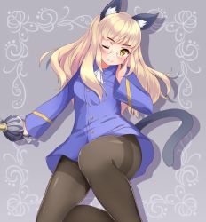 Rule 34 | 1girl, animal ears, blonde hair, blush, cat ears, cat tail, glasses, military, military uniform, one eye closed, pantyhose, perrine h. clostermann, saber (weapon), shiromisoaji, smile, solo, strike witches, sword, tail, thighband pantyhose, uniform, weapon, world witches series, yellow eyes