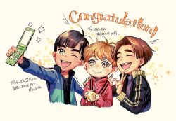 Rule 34 | 3boys, ;d, ^ ^, aged down, black hair, brown eyes, brown hair, cellphone, child, closed eyes, flip phone, freckles, grey eyes, jacket, ji guang-hong, leo de la iglesia, male focus, medal, multiple boys, one eye closed, open mouth, phichit chulanont, phone, selfie, smile, thick eyebrows, track jacket, translation request, v, whitemop jog, yuri!!! on ice