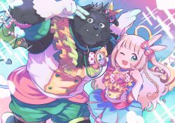 Rule 34 | 1boy, 1girl, amduscias (housamo), animal ears, bara, bat wings, black fur, blonde hair, blue choker, blue skirt, bow, braid, choker, closed mouth, collar, commentary request, demon tail, feet out of frame, finger to face, flower ornament, frilled shirt, frills, furry, furry male, gabriel (housamo), gloves, green eyes, green shorts, grey hair, hair bow, halo, hand to hand, heart, heart print, highres, horns, idol, idol clothes, lens flare, long hair, looking at viewer, looking to the side, muscular, muscular male, one eye closed, open mouth, polka dot, rabbit ears, sawch cls, shirt, short hair, shorts, sidelocks, signature, single horn, skirt, smile, sparkle, tail, tokyo houkago summoners, tusks, white gloves, wings