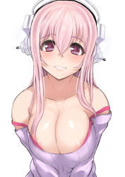 Rule 34 | 1girl, areola slip, bare shoulders, bra strap, breasts, cleavage, collarbone, headphones, large breasts, long hair, looking at viewer, miyamoto issa, nitroplus, off-shoulder, off-shoulder sweater, off shoulder, pink hair, simple background, smile, solo, strap slip, super sonico, sweater, upper body, white background