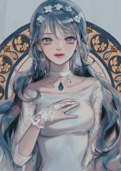 Rule 34 | 1girl, absurdres, bad id, bad pixiv id, blue eyes, blue hair, breasts, choker, closed mouth, commentary, dress, earrings, eyelashes, fingernails, floral print, flower, flower earrings, gloves, hair between eyes, hand on own chest, highres, jewelry, lace, lace choker, lattice, lips, long hair, looking at viewer, medium breasts, mismatched earrings, original, red lips, solo, white choker, white dress, white flower, white gloves