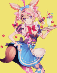 Rule 34 | 1girl, adapted costume, ahoge, alternate costume, alternate hairstyle, animal ears, apron, argyle, argyle clothes, argyle legwear, blonde hair, blue nails, blueberry, bow, bowtie, braid, breasts, cherry, cleavage, clothes lift, cowboy shot, drinking straw, fingernails, food, fox ears, fox tail, fruit, grin, hand on own ass, highres, holding, holding tray, hololive, looking at viewer, maid headdress, mayana (bbpp), medium breasts, multicolored nails, nail polish, omaru polka, pantyhose, parfait, playing card theme, purple eyes, red nails, short sleeves, simple background, skirt, skirt lift, smile, smirk, solo, strawberry, striped sleeves, tail, thighhighs, tray, twin braids, twintails, virtual youtuber, waitress, wrist cuffs, yellow background