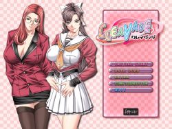 Rule 34 | 00s, 2girls, aqua eyes, arms behind back, black skirt, bow, breasts, brown hair, checkered background, cleavage, cleavage (game), company name, contrapposto, copyright name, cowboy shot, earrings, empress (studio), game cg, glasses, green eyes, hair bow, huge breasts, ichinose sayaka, jacket, jewelry, large breasts, long hair, looking at viewer, menu, miniskirt, multiple girls, pencil skirt, pleated skirt, ponytail, red hair, red jacket, ribbon, sailor collar, school uniform, sei shoujo, simple background, skirt, smile, standing, teacher, teacher and student, thighhighs, toudou erika, very long hair, white skirt, zettai ryouiki