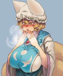 Rule 34 | 1girl, animal hat, blue background, blush, breasts, breath, chanta (ayatakaoisii), dress, fox tail, hands up, hat, huge breasts, mob cap, multiple tails, open mouth, simple background, slit pupils, solo, tabard, tail, touhou, white dress, white hat, yakumo ran, yellow eyes