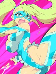 Rule 34 | 1girl, aetherion, ass, blonde hair, blue leotard, breasts, cleavage, clothing cutout, elbow cutout, frilled leotard, frills, from below, heart, heart print, highres, large breasts, leotard, long hair, mask, open mouth, rainbow mika, shoulder cutout, signature, solo, street fighter, twintails, wrestler, wrestling mask, wrestling outfit