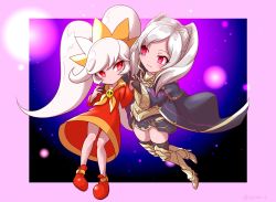 Rule 34 | 2girls, ashley (warioware), big hair, cape, company connection, corruption, crossover, dark persona, dress, evil smile, fire emblem, fire emblem awakening, fire emblem heroes, gloves, grima (fire emblem), hairband, highres, hood, intelligent systems, long hair, multiple girls, nintendo, orange hairband, possessed, possession, red dress, red eyes, robe, robin (female) (fire emblem), robin (fire emblem), short hair, skull, smile, super smash bros., takobe, twintails, warioware, white hair