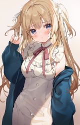 Rule 34 | 1girl, bare shoulders, blonde hair, blue eyes, blush, breasts, closed mouth, commentary request, cowboy shot, dress, frills, green jacket, hair ribbon, hand up, highres, holding, holding own hair, jacket, kanda done, long hair, long sleeves, looking at viewer, medium breasts, off shoulder, open clothes, open jacket, original, pink ribbon, purple eyes, ribbon, sleeves past wrists, solo, sweatdrop, two side up, white dress, white ribbon