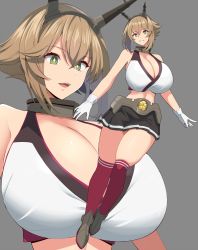 Rule 34 | 1girl, black legwear, black skirt, blush, breasts, brown hair, cleavage, collar, collarbone, full body, gloves, green eyes, grey background, headgear, highres, huge breasts, kantai collection, kloah, looking at viewer, metal collar, multiple views, mutsu (kancolle), navel, open mouth, pleated skirt, red legwear, short hair, simple background, skirt, striped clothes, striped skirt, upper body, white gloves