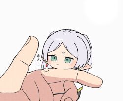 Rule 34 | 1girl, :3, absurdres, aqua eyes, black pantyhose, blush, chibi, clinging, closed mouth, earrings, elf, frieren, grey hair, highres, ie9cd4, jewelry, long hair, looking at another, mini person, minigirl, out of frame, pantyhose, pointy ears, pov, pov hands, simple background, size difference, skirt, solo focus, sousou no frieren, standing, twintails, white background, white skirt