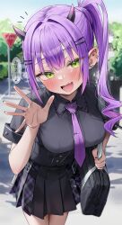 Rule 34 | 1girl, :d, absurdres, bag, black nails, blush, ear piercing, earrings, green eyes, green tea (greente42869067), hair ornament, highres, hololive, horns, jewelry, long hair, looking at viewer, necktie, official alternate costume, open mouth, outdoors, piercing, pleated skirt, pointy ears, purple hair, road sign, school bag, school uniform, side ponytail, sign, skirt, smile, solo, stop sign, tokoyami towa, tokoyami towa (school uniform), translated, virtual youtuber