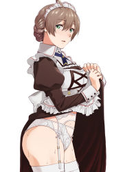 Rule 34 | 1girl, ahoge, apron, braid, clothes lift, commentary request, garter belt, green eyes, highres, humiyou, idolmaster, idolmaster million live!, idolmaster million live! theater days, juliet sleeves, light brown hair, long sleeves, looking at viewer, looking to the side, maid, maid headdress, panties, puffy sleeves, sakuramori kaori, short hair, skirt, skirt lift, solo, sweat, thighhighs, underwear, white background, white panties, white thighhighs