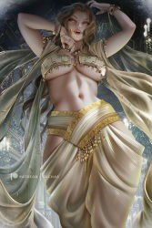 Rule 34 | 1girl, arms up, blonde hair, bracelet, breasts, commentary, crop top, dancer, english commentary, fangs, fingernails, from below, gypsy, harem pants, hip vent, jewelry, large breasts, lips, long hair, looking at viewer, navel, necklace, olchas, open mouth, pants, sharp fingernails, solo, underboob, vampire, van helsing (movie), watermark, yellow eyes