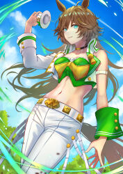 Rule 34 | 1girl, absurdres, ahoge, animal ears, aqua eyes, arm strap, blue sky, breasts, brown hair, choker, cloud, commentary, cowboy shot, crop top, day, hand up, hat, highres, holding, holding clothes, holding hat, horse ears, large breasts, long hair, long sleeves, looking at viewer, midriff, mini hat, mini top hat, mr. c.b. (umamusume), murazo (0606), navel, pants, parted lips, shirt, single bare shoulder, single sleeve, sky, solo, standing, stomach, strapless, strapless shirt, thighs, top hat, umamusume, unworn hat, unworn headwear, very long hair, white hat, white pants, wrist cuffs
