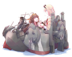 Rule 34 | 2girls, absurdres, ahoge, blonde hair, blue eyes, braid, brown hair, cannon, crown, detached sleeves, double bun, dress, french braid, hair bun, headgear, highres, kantai collection, kongou (kancolle), kongou kai ni (kancolle), long hair, long sleeves, mini crown, multiple girls, nontraditional miko, off-shoulder dress, off shoulder, pin.s, rigging, simple background, sitting, thighhighs, throne, turret, warspite (kancolle), white background, white dress, white legwear