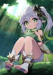 Rule 34 | 1girl, 1other, aranara (genshin impact), ass, bloomers, cape, commentary request, detached sleeves, dress, forest, genshin impact, gradient hair, green cape, green eyes, hair between eyes, hair ornament, highres, hiyaya (kochi michikaze), leaf hair ornament, long hair, looking at viewer, multicolored hair, nahida (genshin impact), nature, outdoor unit, pointy ears, short dress, short sleeves, side ponytail, sidelocks, sitting on branch, smile, soles, stirrup legwear, streaked hair, symbol-shaped pupils, toeless legwear, toes, tree, two-tone hair, underwear, white bloomers, white dress, white hair