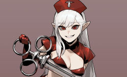 Rule 34 | breasts, brown background, cleavage, elbow gloves, gloves, gogalking, hat, long hair, looking at viewer, medium breasts, nurse cap, original, parted lips, pointy ears, red eyes, red gloves, simple background, smile, solo, upper body, vampire (gogalking), white hair