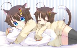 Rule 34 | 10s, 2girls, ahoge, alternate costume, animal ears, black legwear, blue eyes, brown hair, cat ears, cat tail, closed mouth, closed eyes, hair flaps, hair ornament, joujou, kantai collection, kemonomimi mode, long hair, long sleeves, lying, multiple girls, hugging object, on side, open mouth, pillow, pillow hug, remodel (kantai collection), shigure (kancolle), sleeves past wrists, smile, tail, thighhighs