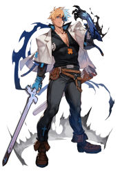 Rule 34 | 1boy, absurdres, ankle boots, belt, black pants, black sclera, black skin, blonde hair, blue eyes, boots, brown footwear, capelet, colored sclera, colored skin, cross, dragon install, guilty gear, guilty gear strive, heterochromia, highres, holding, holding sword, holding weapon, hungry clicker, ky kiske, looking at viewer, loose belt, male focus, multicolored skin, pants, pectorals, plunging neckline, popped collar, red eyes, scabbard, sheath, short hair, solo, sword, thunderseal, two-tone skin, weapon, white capelet