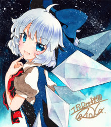 Rule 34 | 1girl, :d, ahoge, bad id, bad pixiv id, blue background, blue bow, blue dress, blue eyes, blue hair, bow, cirno, dress, fang, finger to mouth, from side, gradient background, hair bow, light blue hair, looking at viewer, looking to the side, open mouth, pointing, pointing at self, puffy short sleeves, puffy sleeves, qqqrinkappp, red neckwear, shikishi, shirt, short hair, short sleeves, signature, smile, solo, touhou, traditional media, upper body, white shirt, wings
