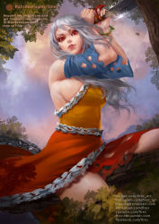 Rule 34 | 1girl, areola slip, bare shoulders, breasts, cleaver, cloud, day, detached sleeves, dress, firez, from below, hands up, holding, holding weapon, in tree, large breasts, lips, long hair, looking at viewer, nose, nostrils, orange dress, outdoors, overcast, parted lips, red eyes, sakata nemuno, short sleeves, sideboob, silver hair, single strap, sky, solo, swept bangs, touhou, tree, weapon, yellow dress