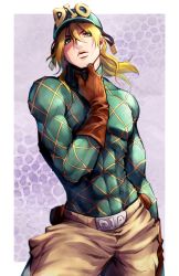 Rule 34 | 1boy, abs, argyle, argyle clothes, argyle sweater, blonde hair, border, brown gloves, brown pants, closed mouth, diego brando, gloves, green eyes, green shirt, jojo no kimyou na bouken, long hair, long sleeves, looking at viewer, muscular, muscular male, pants, purple background, shirt, solo, soraao0322, steel ball run, sweater, white border