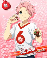 Rule 34 | 1boy, blue eyes, card (medium), character name, closed mouth, fingernails, holding, idolmaster, idolmaster side-m, kabuto daigo, looking at viewer, male focus, official art, one eye closed, pink background, pink hair, shirt, solo, white shirt