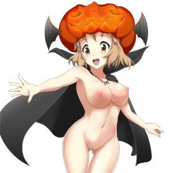 Rule 34 | 10s, 1girl, :d, breasts, brown eyes, brown hair, cloak, eitarou2828, gluteal fold, halloween, hat, jack-o&#039;-lantern, large breasts, naked cloak, nipples, open mouth, outstretched arm, pussy, senki zesshou symphogear, short hair, smile, solo, tachibana hibiki (symphogear), thigh gap, white background, winged hat