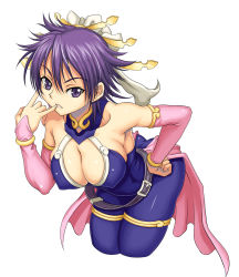 Rule 34 | 1girl, belt, bent over, breasts, bridal gauntlets, cleavage, covered erect nipples, cropped legs, elbow gloves, finger to mouth, fuurai no shiren, gloves, hand on own hip, highres, large breasts, oryuu, parted lips, purple eyes, purple hair, short hair, simple background, solo, syunzou, thighhighs, white background
