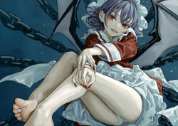 Rule 34 | 1girl, artist name, ass, bare legs, barefoot, bat wings, blue background, blue hair, chain, dress, fangs, feet, feet out of frame, fingernails, fkey, hat, head tilt, long sleeves, looking at viewer, mob cap, nail polish, open mouth, panties, pantyshot, petticoat, red dress, red eyes, red nails, remilia scarlet, sailor collar, sharp fingernails, short hair, simple background, smile, solo, thighs, toes, touhou, underwear, white hat, white panties, white sailor collar, wings