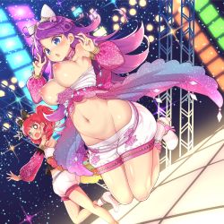 Rule 34 | 2girls, akagi anna, baakurou, bare shoulders, bell, blue eyes, blunt bangs, boots, breast slip, breasts, commentary request, concert, detached sleeves, duplicate, dutch angle, groin, hair bell, hair ornament, high heel boots, high heels, highres, jumping, kiratto pri chan, large breasts, long hair, long sleeves, midriff, multiple girls, navel, nipples, parted bangs, pretty series, puffy shorts, purple hair, red hair, shido mel, shorts, stage, stage lights, surprised, sweatdrop, twintails, white footwear, white shorts