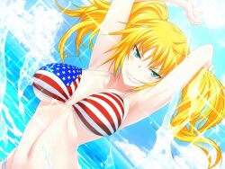 1girl american_flag american_flag_bikini american_flag_print bikini blonde_hair blue_eyes breasts flag_print grin kawagishi_keitarou looking_at_viewer maji_de_watashi_ni_koi_shinasai! print_bikini sharp_teeth smile smirk smug solo stacy_connor swimsuit teeth v-shaped_eyebrows