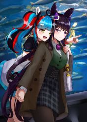Rule 34 | 2girls, :d, absurdres, bag, black hair, black legwear, black sailor collar, black shirt, blue hair, blunt bangs, breasts, brown jacket, closed mouth, cone hair bun, double bun, fate/grand order, fate (series), fish, green shirt, hair bun, hair ornament, hair ribbon, handbag, highres, holding hands, huge filesize, indoors, iro (boo iro), jacket, large breasts, long hair, looking at another, multicolored hair, multiple girls, murasaki shikibu (fate), official art, open mouth, pantyhose, plaid, plaid skirt, pointing, purple eyes, red hair, ribbon, sailor collar, sei shounagon (fate), shirt, skirt, smile, twintails, very long hair, white jacket, yellow eyes, yuri