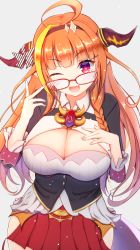 Rule 34 | 1girl, ;d, ahoge, black hairband, black jacket, blonde hair, blouse, blunt bangs, braid, breasts, brown hair, chain necklace, cleavage, collared shirt, commentary request, dragon horns, fang, glasses, grey background, hairband, highres, hip vent, hololive, horns, jacket, jewelry, kiryu coco, kiryu coco (1st costume), large breasts, long hair, long sleeves, multicolored hair, necklace, one eye closed, open mouth, pleated skirt, red-framed eyewear, red eyes, red skirt, shirt, simple background, single braid, skirt, smile, solo, streaked hair, v-shaped eyebrows, very long hair, virtual youtuber, white shirt, ymd (holudoun)