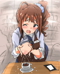 Rule 34 | 10s, 1girl, ;d, apron, black eyes, breast milk, brown hair, coffee, cup, hair ornament, hair scrunchie, idolmaster, idolmaster million live!, lactating into container, lactation, long hair, m mance, name tag, necktie, nipples, one breast out, one eye closed, open mouth, saucer, scrunchie, side ponytail, smile, solo, striped clothes, striped scrunchie, yokoyama nao