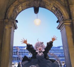 Rule 34 | 1girl, ahoge, arch, arms up, black dress, black jacket, blue sky, building, closed eyes, collared shirt, commentary, cowboy shot, cross tie, day, dress, european architecture, facing viewer, fingerless gloves, floating hair, fur-trimmed jacket, fur trim, gloves, hair ornament, highres, jacket, kizuna akari, lamppost, long sleeves, looking at viewer, open clothes, open jacket, open mouth, orange gloves, outdoors, photo background, puffy long sleeves, puffy sleeves, ribbed shirt, shirt, sky, smile, solo, vocaloid, voiceroid, white hair, white shirt, yoshino ns