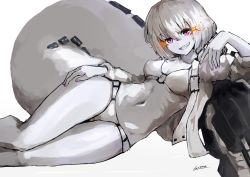 Rule 34 | 10s, 1girl, abyssal ship, alternate costume, artist name, bikini, breasts, collarbone, colored skin, fingernails, glowing, glowing eyes, hand on thigh, head tilt, kantai collection, lansane, long sleeves, looking at viewer, lying, nail polish, navel, on side, purple eyes, purple nails, re-class battleship, short hair, simple background, small breasts, smile, solo, swimsuit, tail, teeth, white background, white hair, white skin