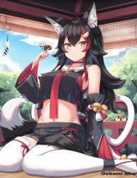 Rule 34 | 1girl, absurdres, animal ear fluff, animal ears, bird, bird on hand, black hair, black skirt, breasts, choker, closed mouth, commentary request, crop top, detached sleeves, hair ornament, hairclip, highres, hololive, large breasts, long hair, looking at viewer, midriff, miniskirt, multicolored hair, navel, necktie, ookami mio, ookami mio (1st costume), pleated skirt, red choker, red hair, red necktie, shirt, sitting, skirt, sleeveless, sleeveless shirt, solo, sparrow, stomach, streaked hair, tail, thighhighs, tousaki (tousakiworks), very long hair, virtual youtuber, wariza, white thighhighs, wolf ears, wolf girl, wolf tail, yellow eyes
