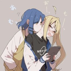 Rule 34 | 2girls, ahoge, black shirt, blonde hair, blue hair, blush, bocchi the rock!, brown background, earrings, hair ornament, hand in pocket, holding, holding tablet pc, ijichi nijika, jacket, jewelry, kiss, kissing neck, long hair, long sleeves, looking at another, mole, mole under eye, motion lines, multiple girls, off shoulder, open mouth, parted bangs, ree (re-19), shirt, short hair, side ponytail, sidelocks, stud earrings, sweatdrop, tablet pc, upper body, yamada ryo, yellow eyes, yuri