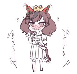 Rule 34 | 1girl, animal ears, birthday sash, black hair, blouse, blush, bow, brown eyes, brown hair, chibi, closed mouth, crown, flying sweatdrops, frilled skirt, frills, full body, green bow, hair bow, horse ears, horse girl, horse tail, long sleeves, mini crown, multicolored hair, nice nature (umamusume), nose blush, ouri (aya pine), pleated skirt, pointing, pointing at self, purple shirt, sash, school uniform, shirt, shoulder sash, simple background, skirt, solo, standing, streaked hair, tail, tracen school uniform, translation request, twintails, umamusume, wavy mouth, white background