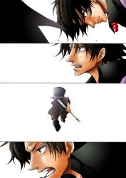 Rule 34 | 2boys, black hair, bow, brother, brothers, death, freckles, hat, jewelry, kara (acluf-0156), male focus, multiple boys, muscular, necklace, one piece, pirate, pole, portgas d. ace, running, sabo (one piece), siblings, simple background, standing, time paradox, top hat, white background