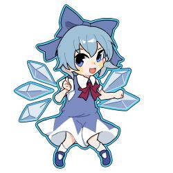 Rule 34 | 1girl, blue bow, blue dress, blue eyes, blue footwear, blue hair, blush stickers, bow, chibi, cirno, clenched hand, collared shirt, dress, fairy, fairy wings, fensedekaoji, hair bow, highres, ice, ice wings, mary janes, medium dress, open mouth, puffy short sleeves, puffy sleeves, romaji text, shirt, shoes, short hair, short sleeves, sleeveless, sleeveless dress, smile, socks, thumbs up, touhou, triangle print, white background, white shirt, white socks, wings