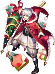Rule 34 | 1boy, cape, christmas, christmas tree, fire emblem, fire emblem awakening, fire emblem heroes, fujiwara ryo, full body, gift, gloves, hat, highres, hood, looking at viewer, male focus, nintendo, official art, robin (fire emblem), robin (male) (fire emblem), robin (male) (winter) (fire emblem), santa hat, short hair, smile, solo, transparent background, white hair, yellow eyes