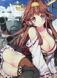 Rule 34 | 10s, 1girl, ass, bare shoulders, blush, boots, breasts, brown hair, cleavage, detached sleeves, double bun, headgear, japanese clothes, kantai collection, kongou (kancolle), large breasts, long hair, long sleeves, looking at viewer, miniskirt, nontraditional miko, sitting, skirt, smile, solo, tamiya akito, thigh boots, thighhighs, very long hair, wide sleeves