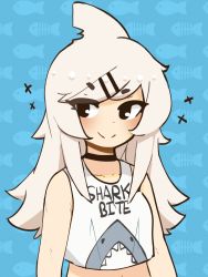 Rule 34 | 1girl, black eyes, blue background, blush, borrowed character, choker, closed mouth, collarbone, crop top, d-floe, hair ornament, hairclip, highres, long hair, looking at viewer, navel, original, shark girl, smile, solo, white hair