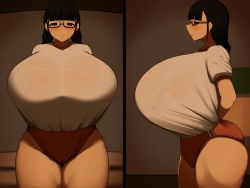Rule 34 | 1girl, absurdres, arms behind back, black eyes, black hair, blush, bra visible through clothes, breasts, cider1289, cowboy shot, curvy, dot nose, facing viewer, gigantic breasts, glasses, gym uniform, half-closed eyes, highres, matching hair/eyes, original, plump, profile, puffy short sleeves, puffy sleeves, see-through, short sleeves, smile, sweat, thick thighs, thighs, wide hips