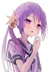Rule 34 | 1girl, absurdres, akebono (kancolle), bell, blue sailor collar, commentary request, flower, hair bell, hair flower, hair ornament, highres, ice, ice cube, jingle bell, kantai collection, long hair, purple eyes, purple hair, sailor collar, school uniform, serafuku, short sleeves, side ponytail, simple background, solo, upper body, very long hair, white background, yuuzaki
