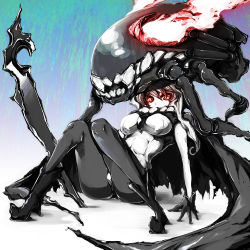 Rule 34 | 10s, 1girl, abyssal ship, bodysuit, cape, gloves, glowing, glowing eyes, kantai collection, long hair, looking at viewer, monster, pale skin, red eyes, silver hair, sitting, solo, tamaki kurou (dead stock paradise), wo-class aircraft carrier