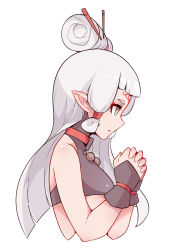Rule 34 | 1girl, absurdres, anchorage akiko, bare shoulders, choker, crop top, facial mark, fingerless gloves, forehead mark, from side, gloves, hair ornament, highres, jewelry, long hair, makeup, mascara, navel, necklace, nintendo, own hands together, paya (zelda), pointy ears, praying, simple background, sleeveless, smile, solo, the legend of zelda, the legend of zelda: breath of the wild, upper body, white background, white hair